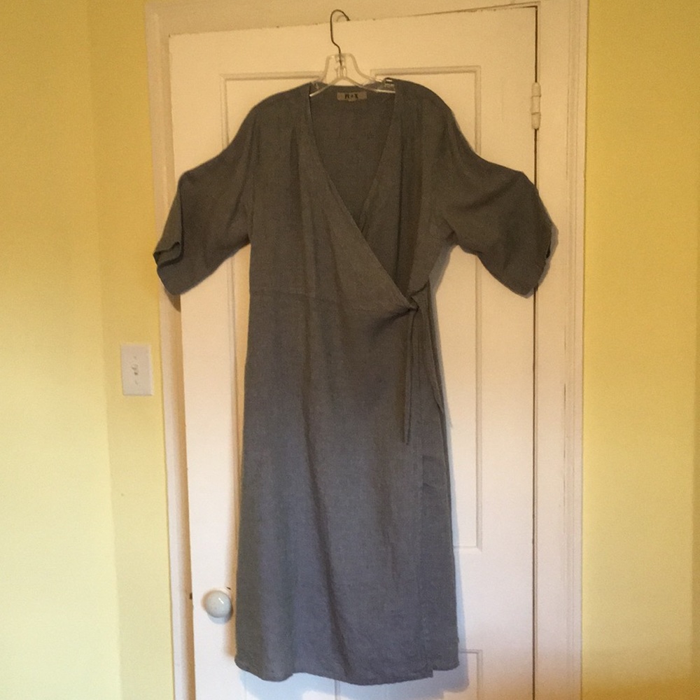 FLAX Blue Linen Long Wrap Dress, Size Medium